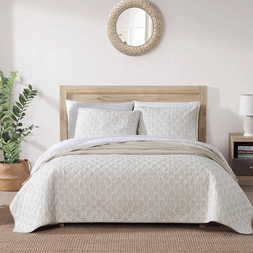 Tommy Bahama Queen Quilt Set, Reversible Cotton Set Shams,Frond Leaf Khaki,Queen